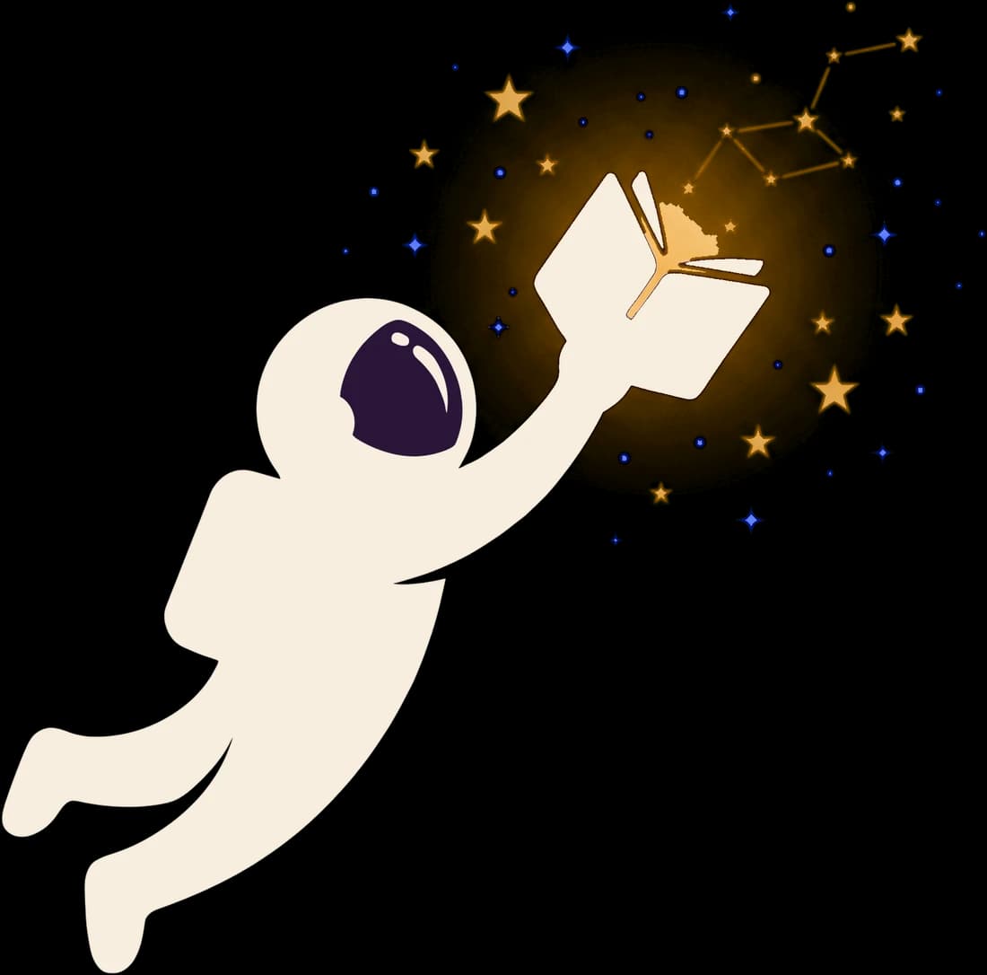 An astronaut floats in space and holds up an open book that lights up the stars